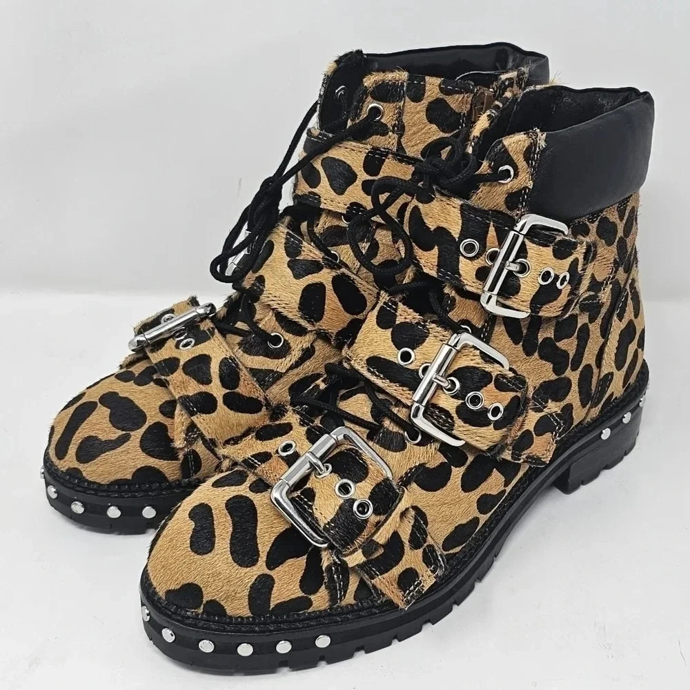 Topshop Leopard Print Pony Skin Ankle Boots  Buckles Biker Zip Size US 6.5 EU 37
